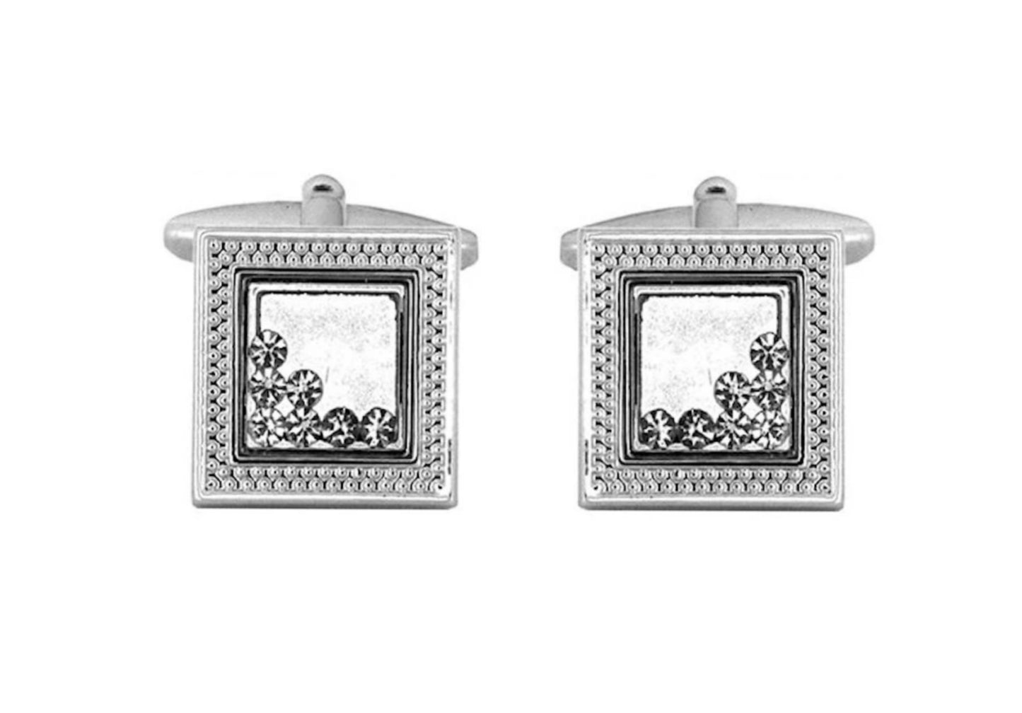 Square Edged Rhodium Cufflinks With Moving Crystals - HK Jewels