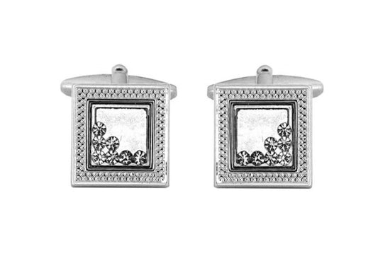 Square Edged Rhodium Cufflinks With Moving Crystals - HK Jewels