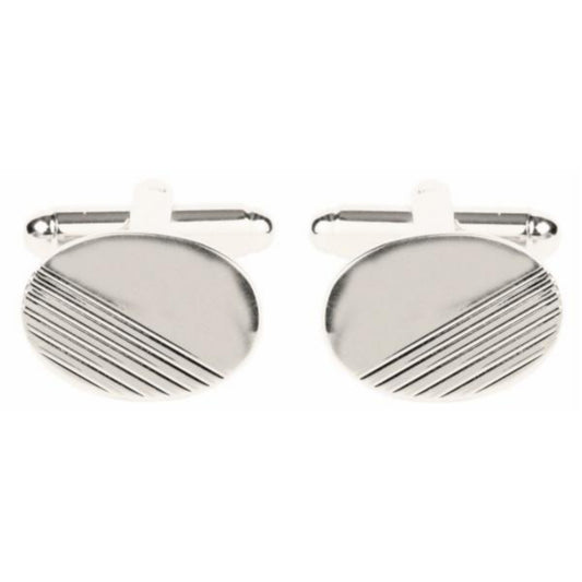 Oval with 1/3 Diagonal Lines Rhodium Plated Cufflinks - HK Jewels