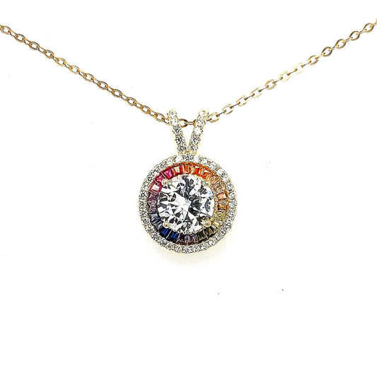 Sterling Silver Gold Plated CZ and Colorful Stones Circle Pendant - HK Jewels