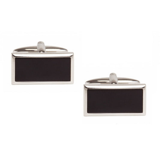 Rhodium Plated Black Onyx Rectangle Cufflinks - HK Jewels
