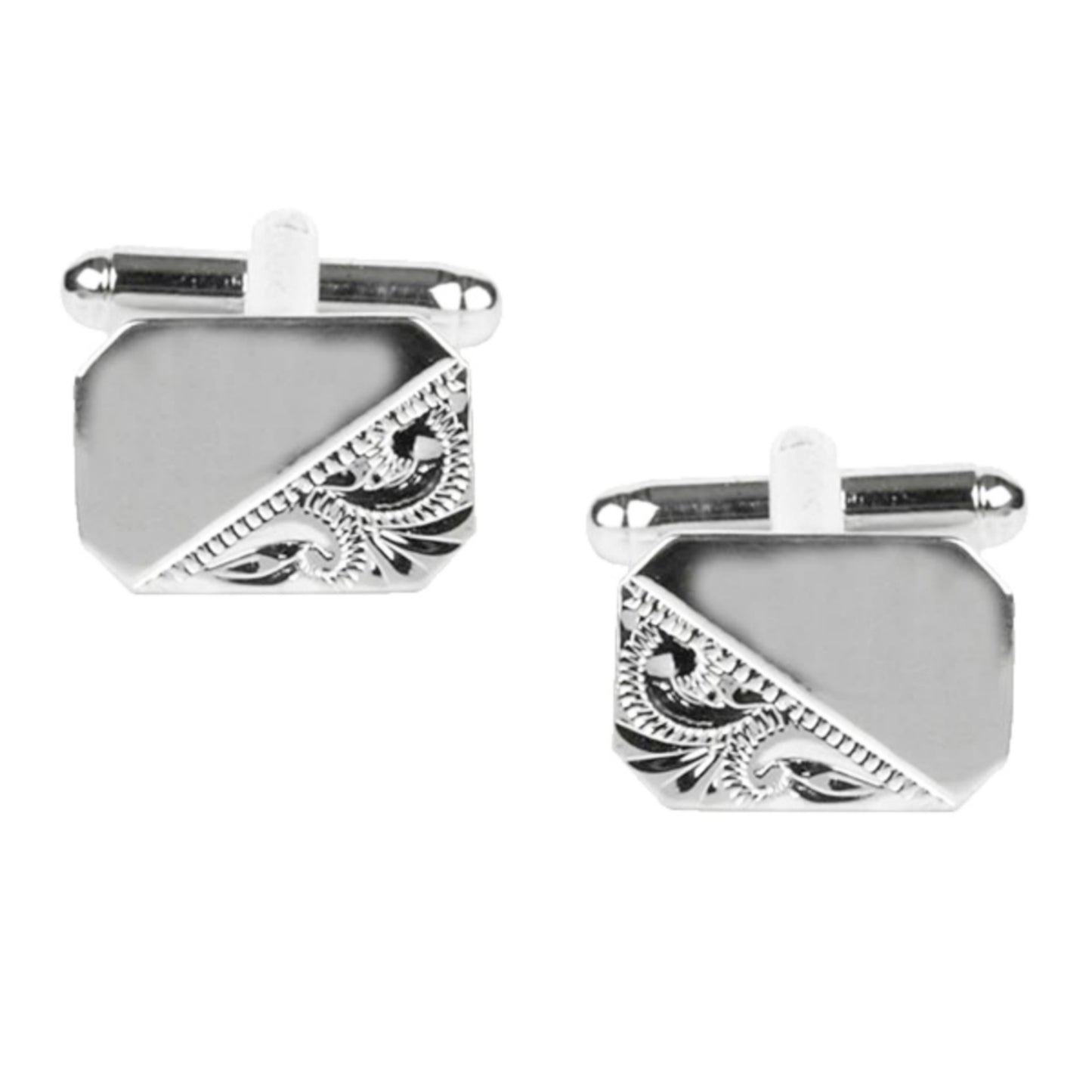 Rectangular 1/3 Engraved Design Rhodium Plated Cufflinks - HK Jewels