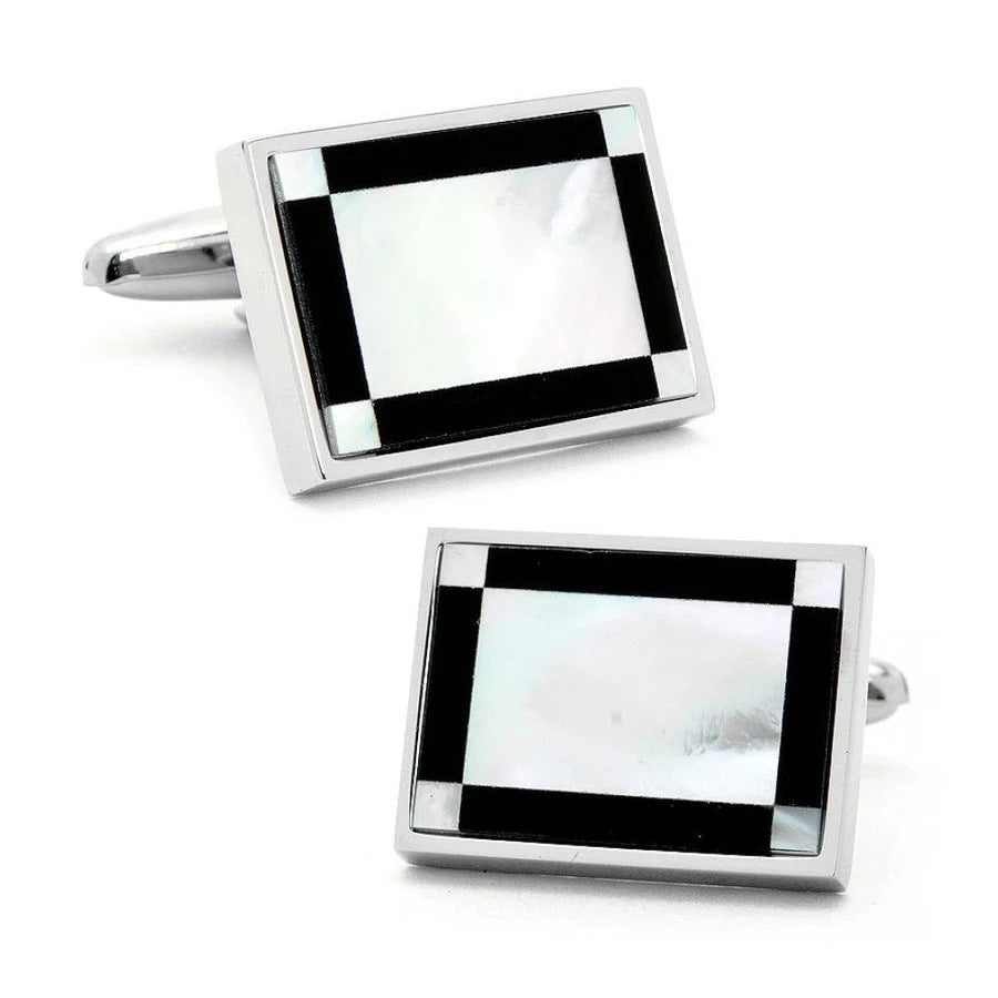 Rectangular Mother of Pearl & Onyx Rhodium Plated Cufflinks - HK Jewels