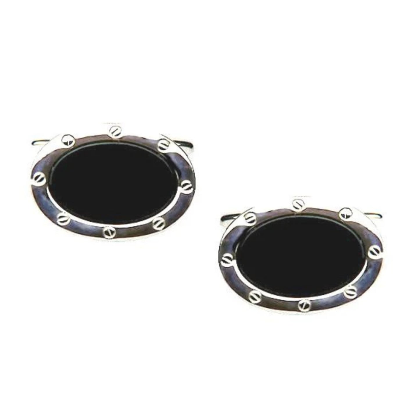 Rhodium Plated Oval Shaped Black Onyx Cufflinks - HK Jewels