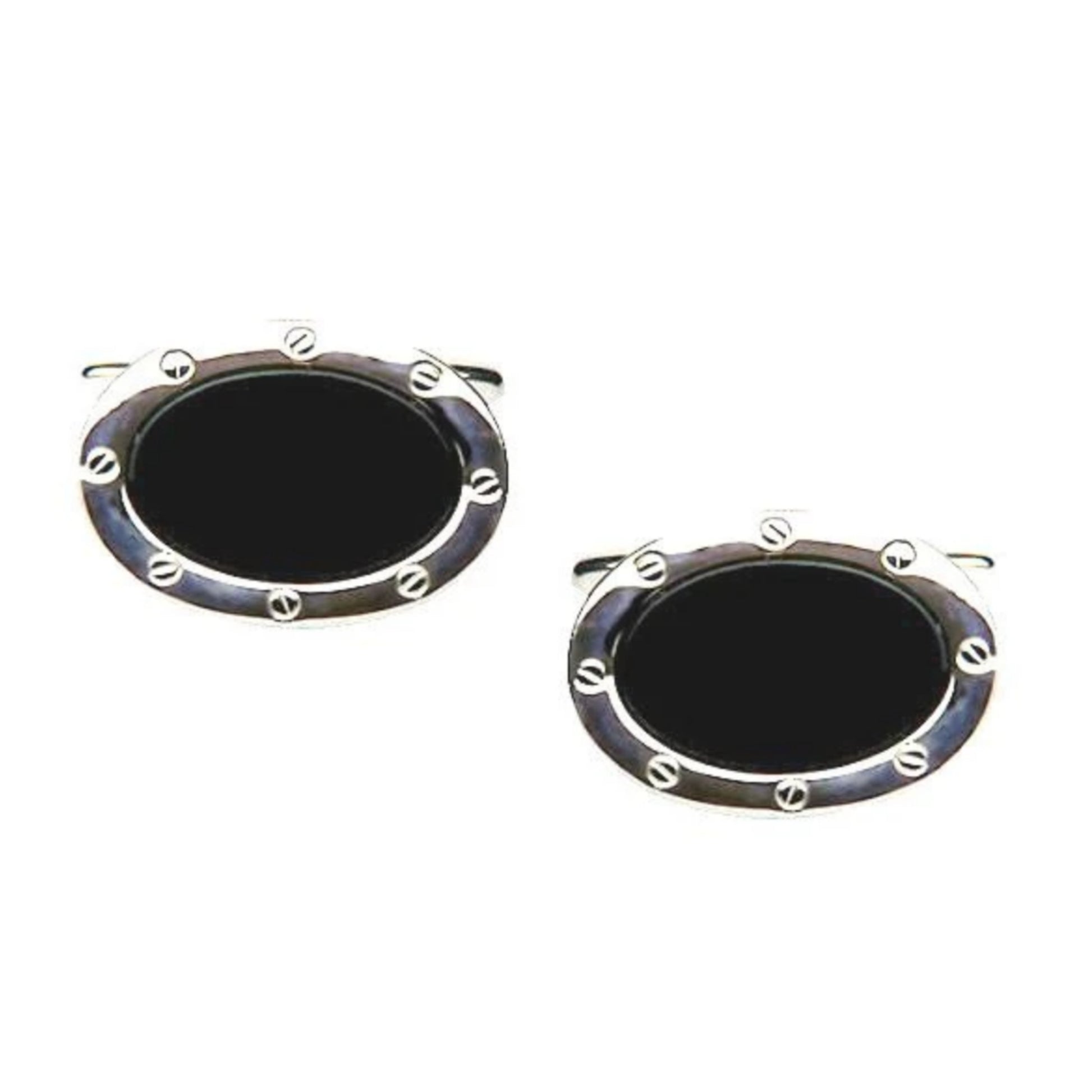 Rhodium Plated Oval Shaped Black Onyx Cufflinks - HK Jewels