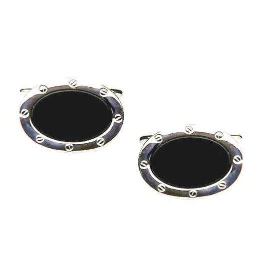 Rhodium Plated Oval Shaped Black Onyx Cufflinks - HK Jewels