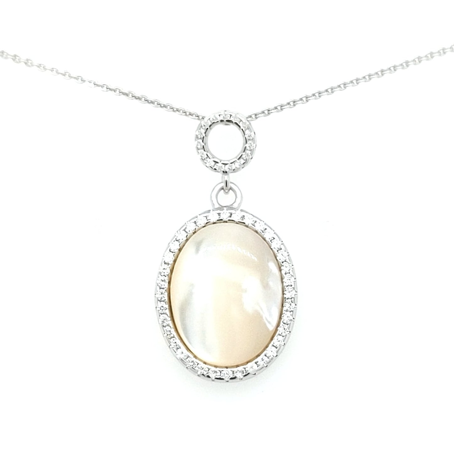 Sterling Silver Mother of Pearl With CZs Oval Pendant - HK Jewels