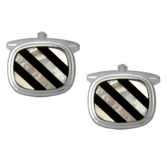Rhodium Plated Rectangular Cushion Shaped Black Onyx and MoP Lines Cufflinks - HK Jewels