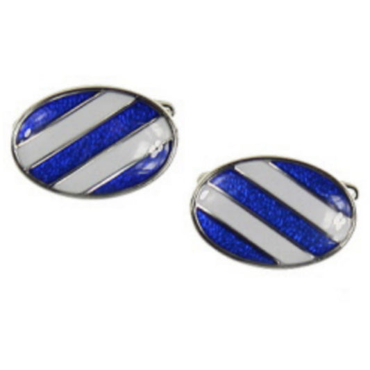 Rhodium Plated Blue and White Oval Cufflinks - HK Jewels
