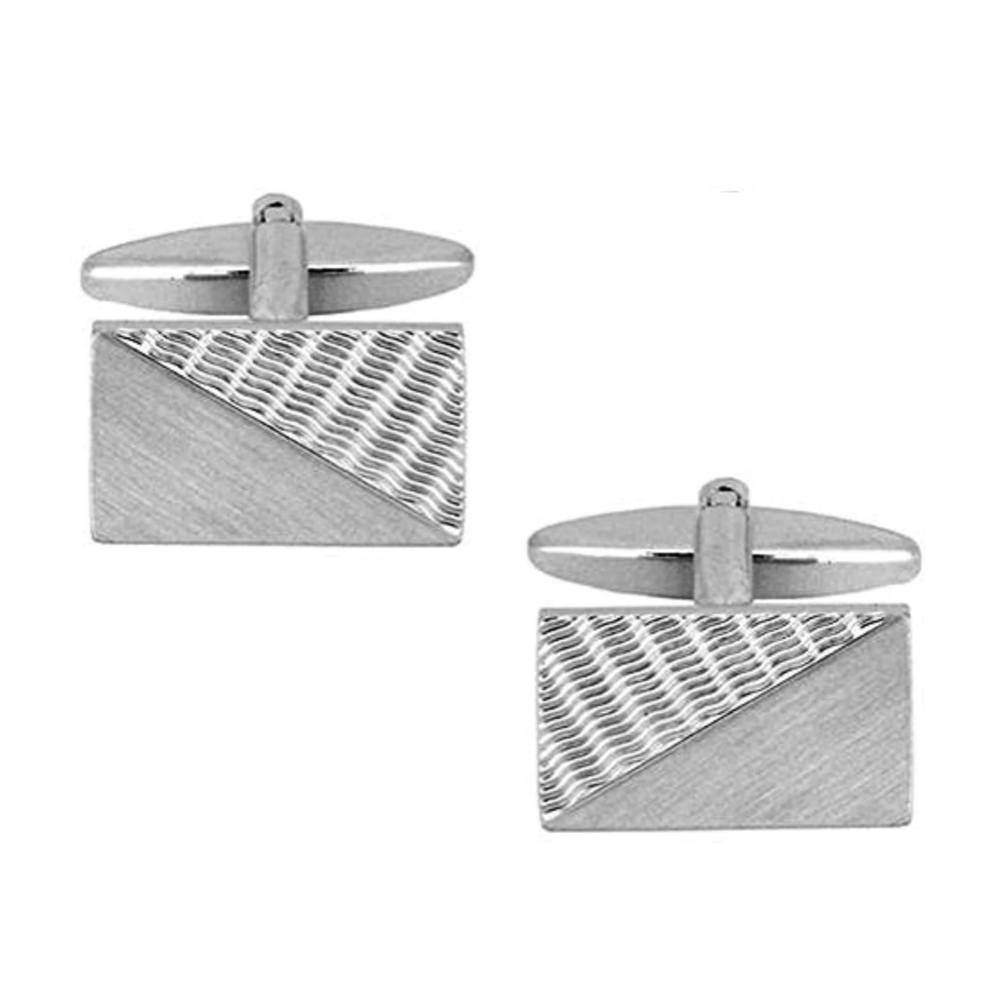 Rectangular Brushed & Engine Turned Rhodium Plated Cufflinks - HK Jewels