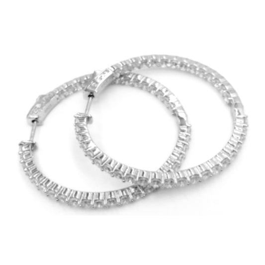 Sterling Silver 40mm Round CZ Hoop Earrings with 2.5mm CZs - HK Jewels
