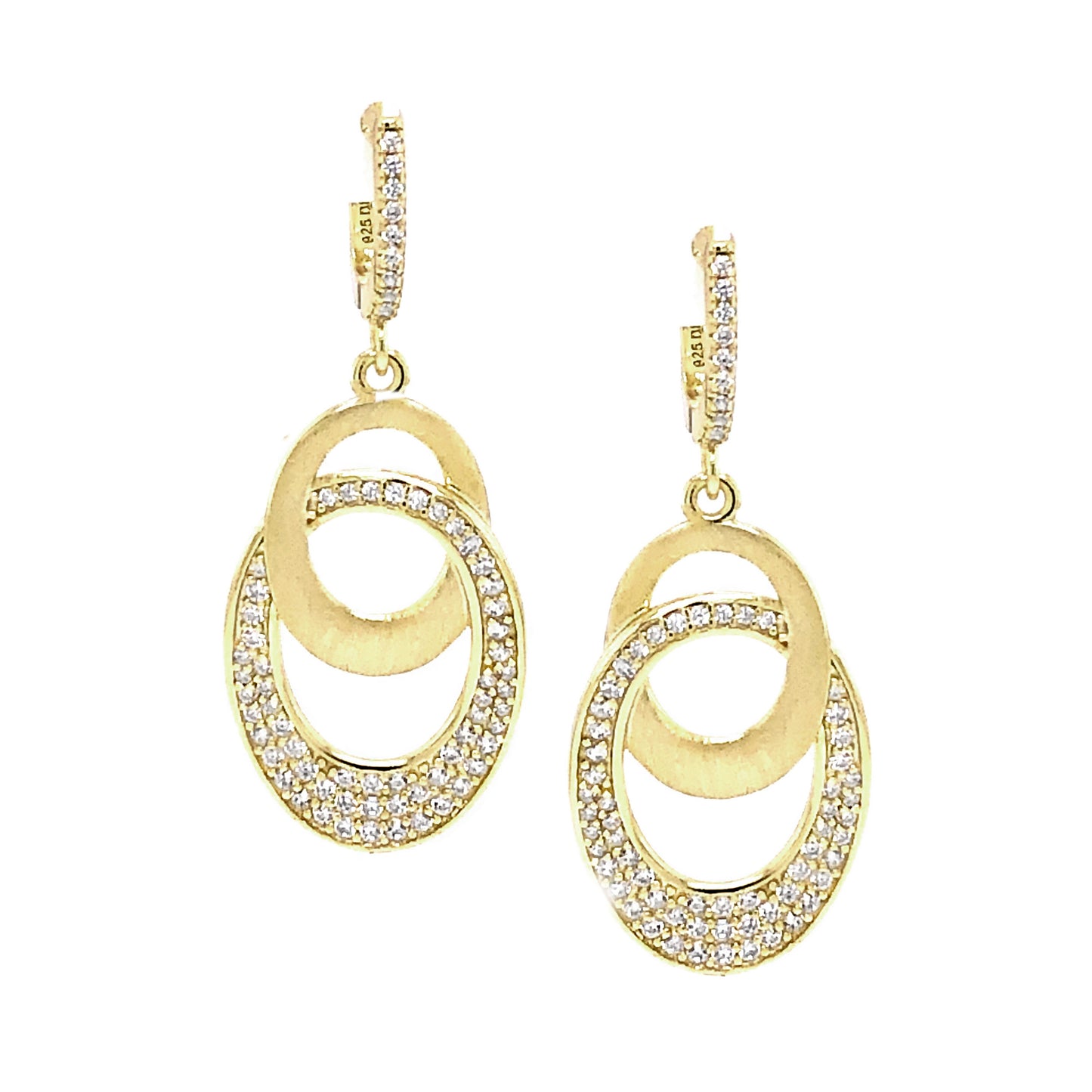 Matte Gold Plated Sterling Silver, White CZ Interlocking Open Ovals Lever Back Earrings - HK Jewels