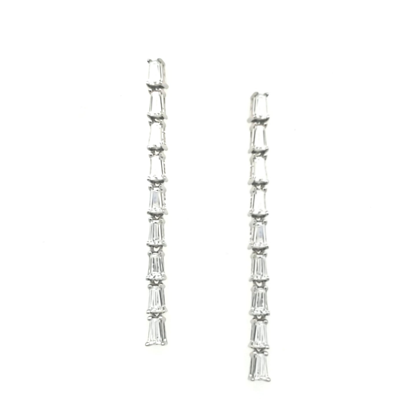 Sterling Silver Long Thin Row CZ Baguette Earrings - HK Jewels