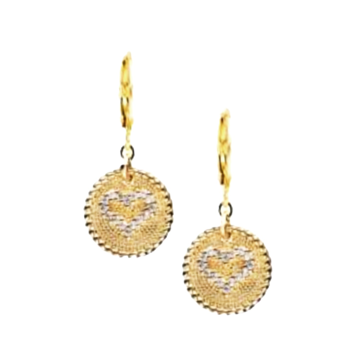 Surgical Steel Gold Sparkle Flat Disc With Center CZ Heart Earring - HK Jewels