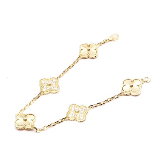 Sterling Silver Gold Plated CZ Five Clover Bracelet - HK Jewels