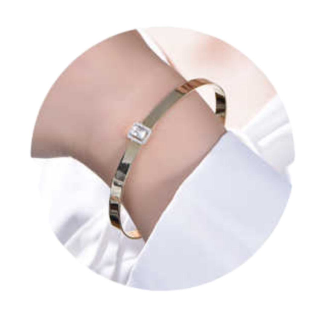 Gold Plated Sterling Silver Bangle with Rectangle CZ Center Piece - HK Jewels