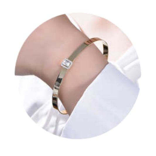 Gold Plated Sterling Silver Bangle with Rectangle CZ Center Piece - HK Jewels