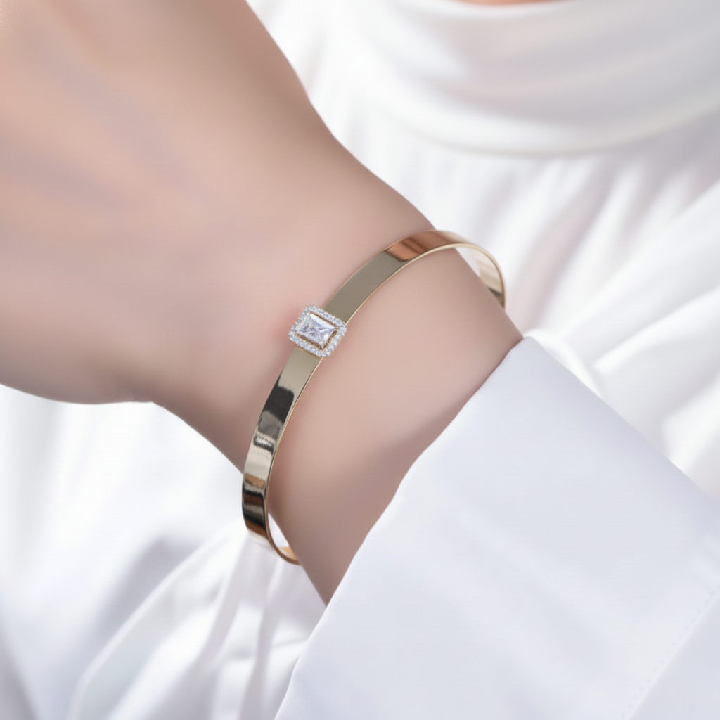 Gold Plated Sterling Silver Bangle with Rectangle CZ Center Piece - HK Jewels
