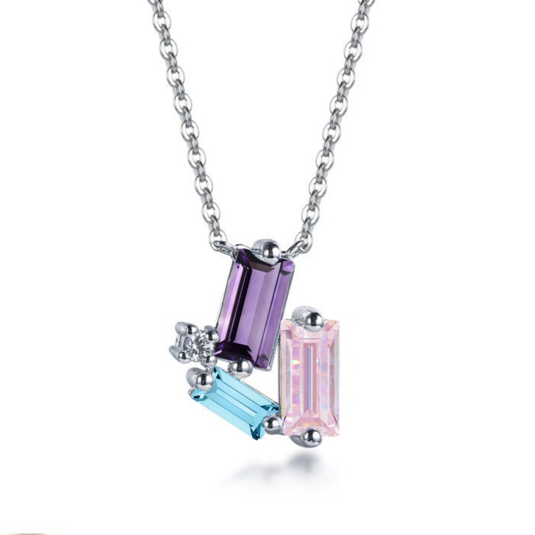 Sterling Silver CZ Baguette Necklace with Round Stone Accents - HK Jewels