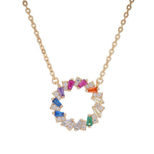 Sterling Silver Circle With Colorful Baguettes CZ Necklace - HK Jewels