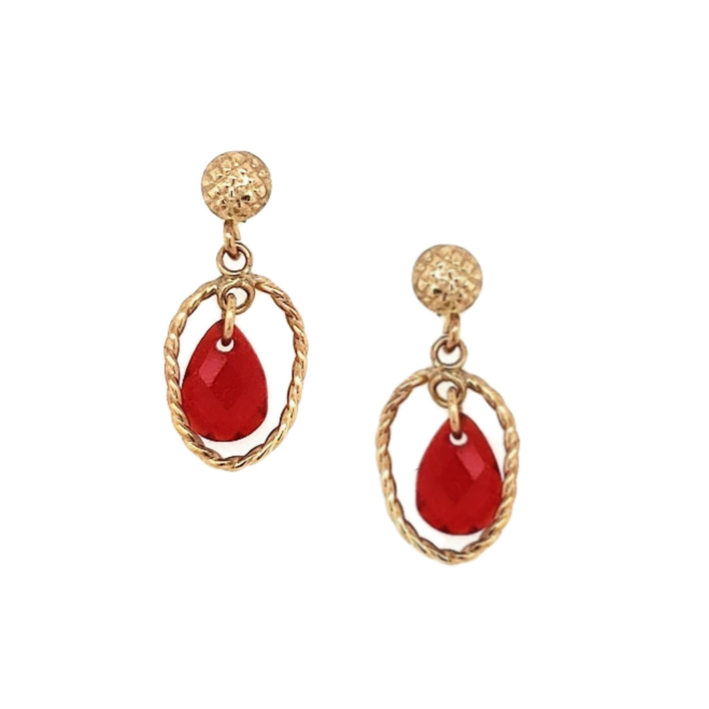 14k Gold Open Oval With Center Red CZ Teardrop On Screwback Post Earring - HK Jewels