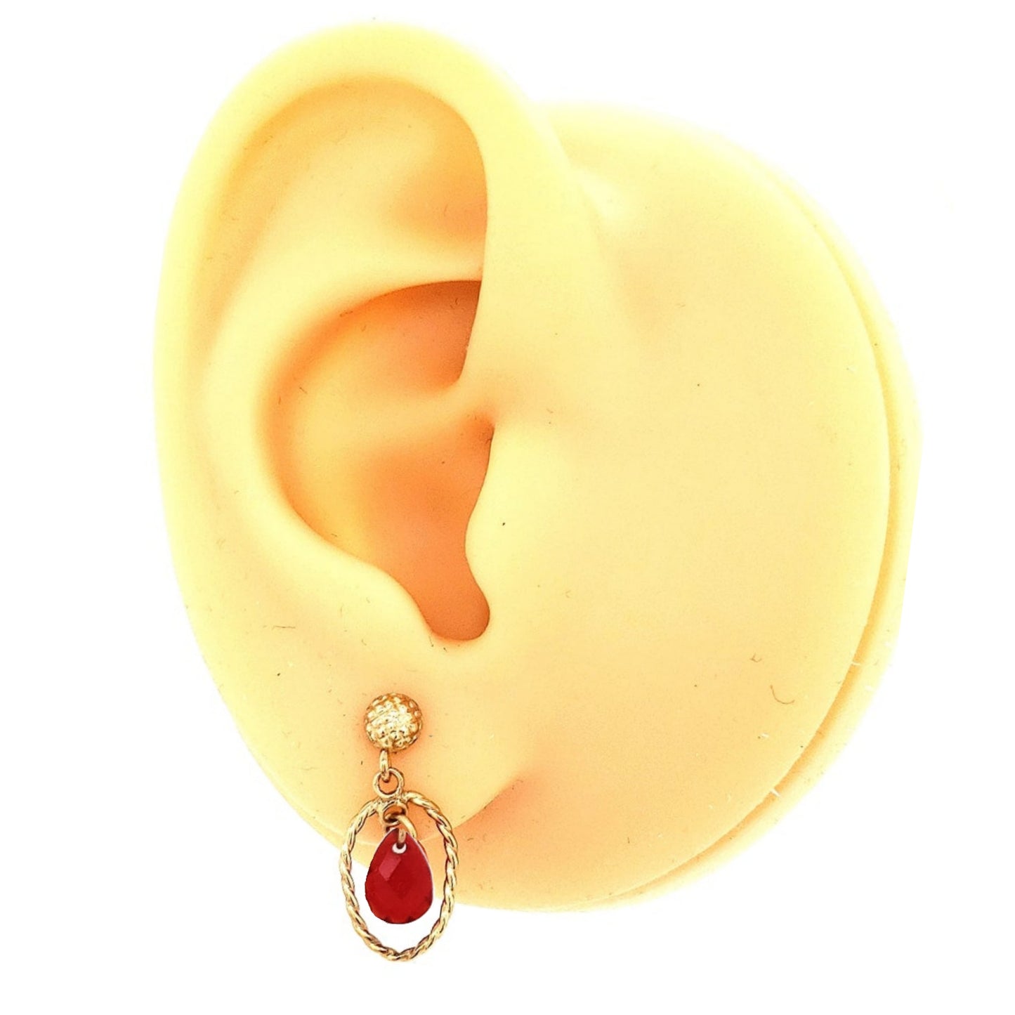 14k Gold Open Oval With Center Red CZ Teardrop On Screwback Post Earring - HK Jewels