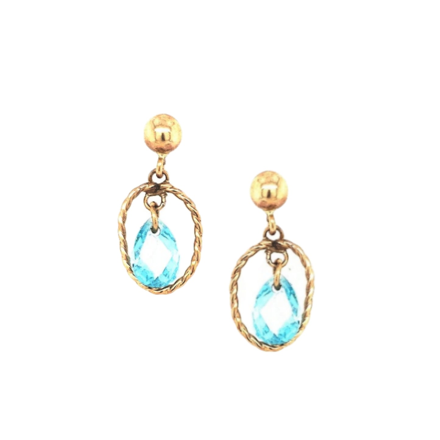 14k Gold Open Oval With Center Blue CZ Teardrop On Screwback Post Earring - HK Jewels