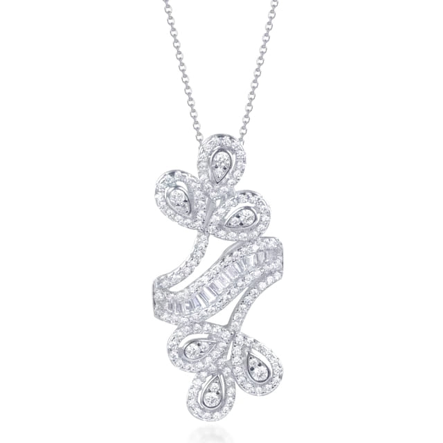 Sterling Silver Double Flower Round CZ and Baguette Pendant - HK Jewels