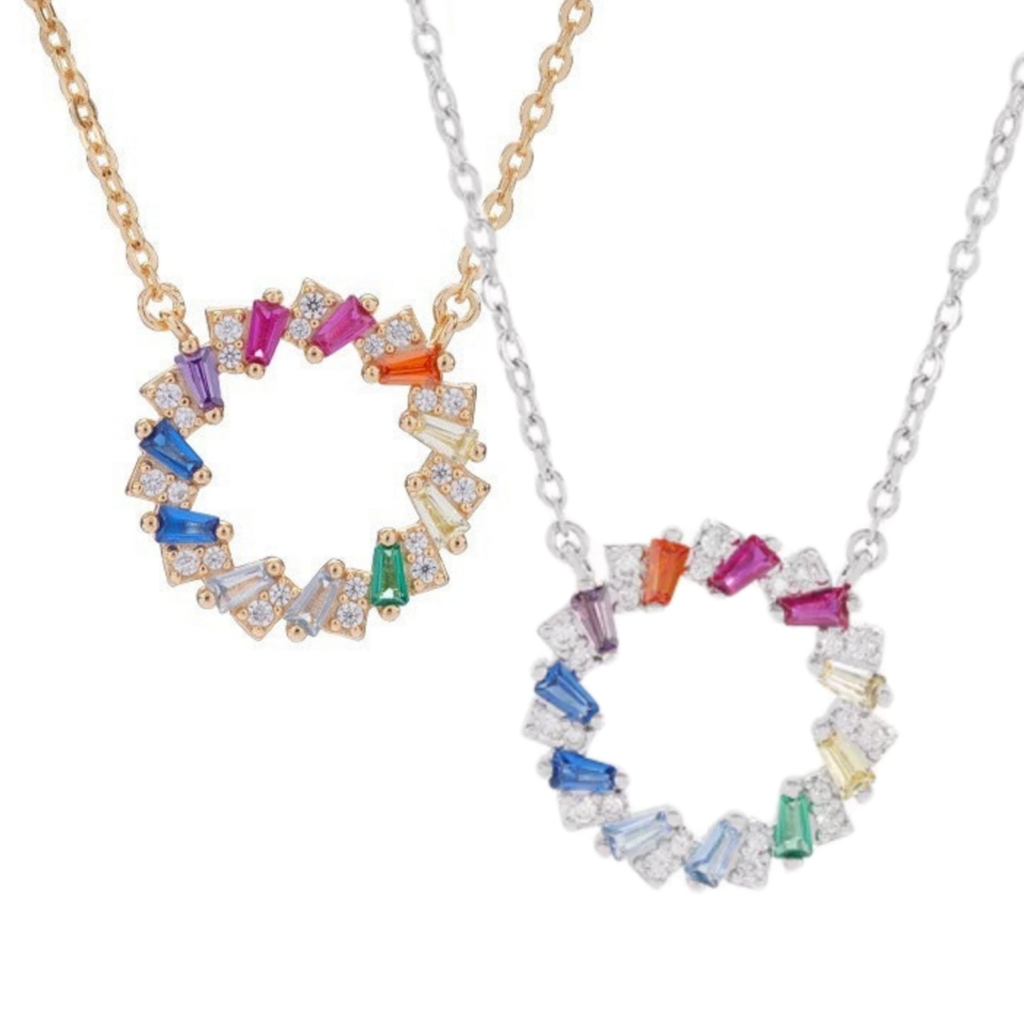 Sterling Silver Circle With Colorful Baguettes CZ Necklace - HK Jewels