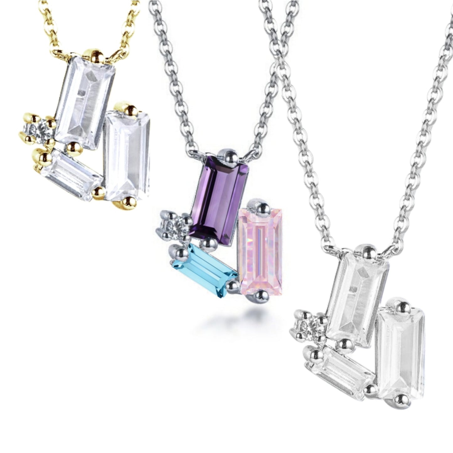 Sterling Silver CZ Baguette Necklace with Round Stone Accents - HK Jewels
