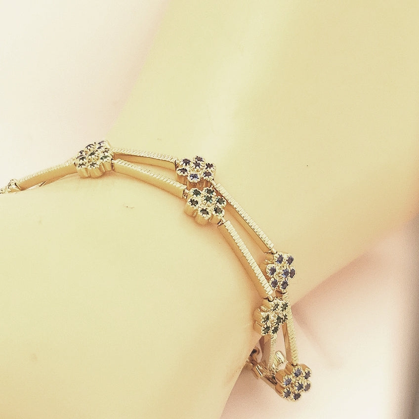 Sterling Silver Gold Plated Colored Stone CZ Flower Bracelet - HK Jewels