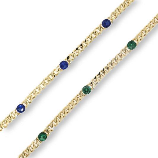 Sterling Silver Gold Plated Link Chain With Three Colored Stones - HK Jewels