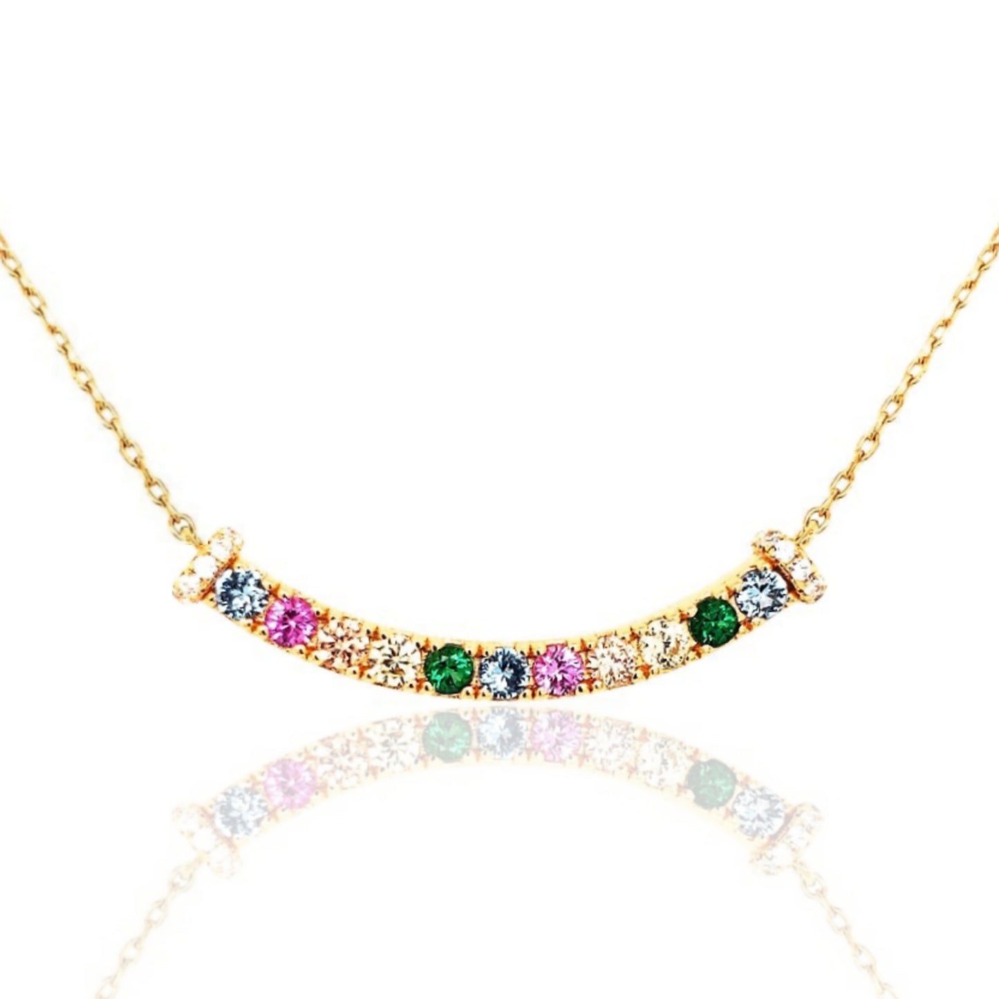 Sterling Silver Gold Plated Multi Color CZ Curved Bar Necklace - HK Jewels