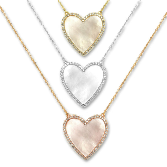 Sterling Silver MOP Heart With CZ Border Necklace - HK Jewels