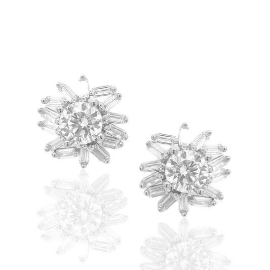 Sterling Silver Baguette With Center Stone Studs - HK Jewels