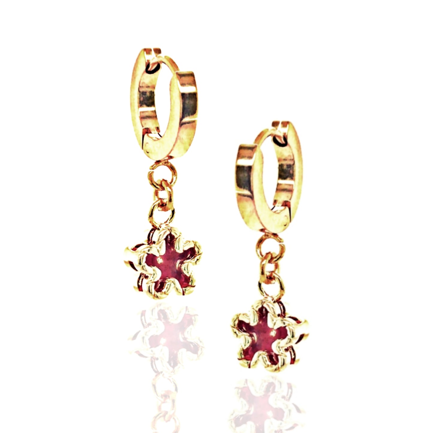Small Gold Framed Fuchsia Enamel Flower Earring - HK Jewels