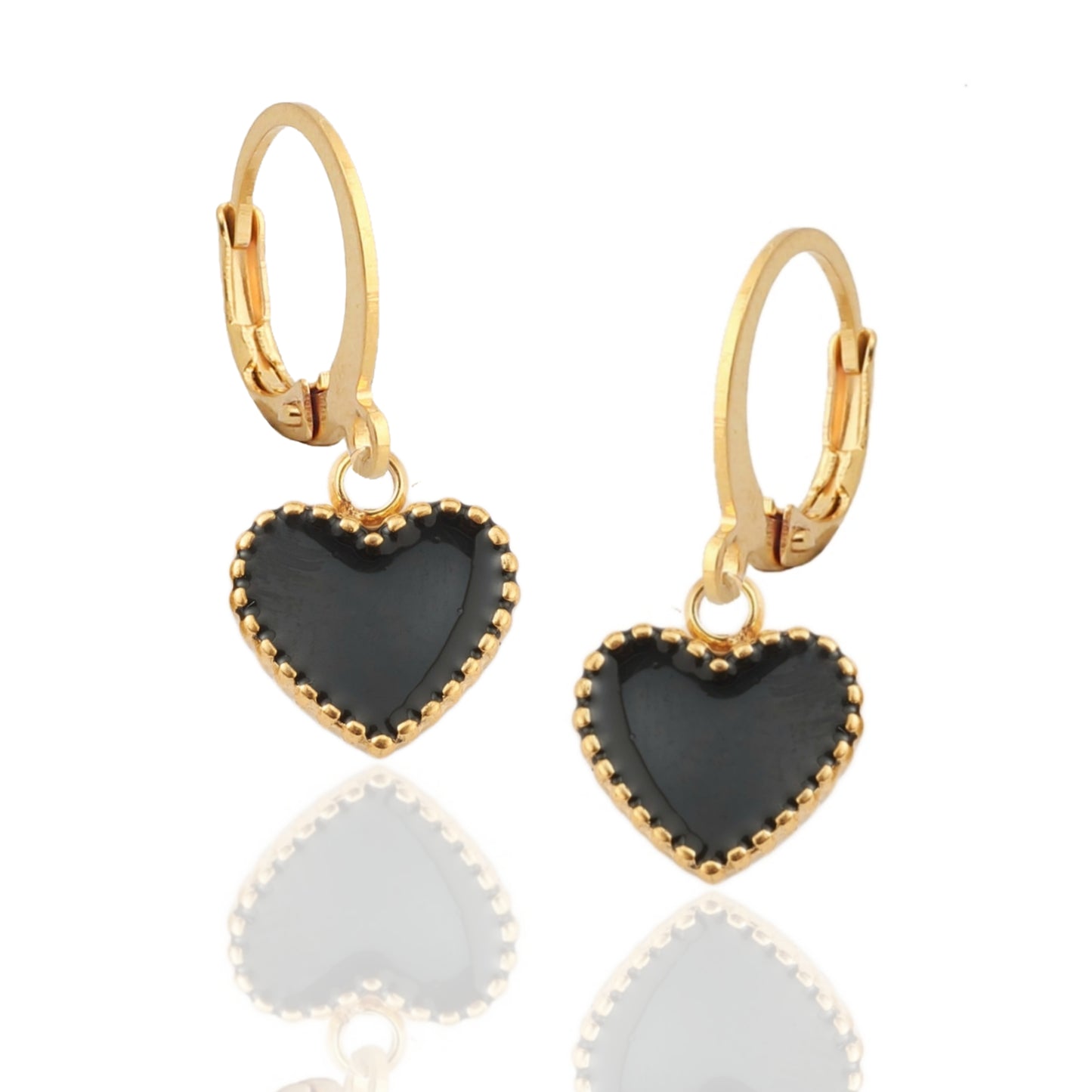 Black Enamel Heart Surgical Steel Earrings - HK Jewels