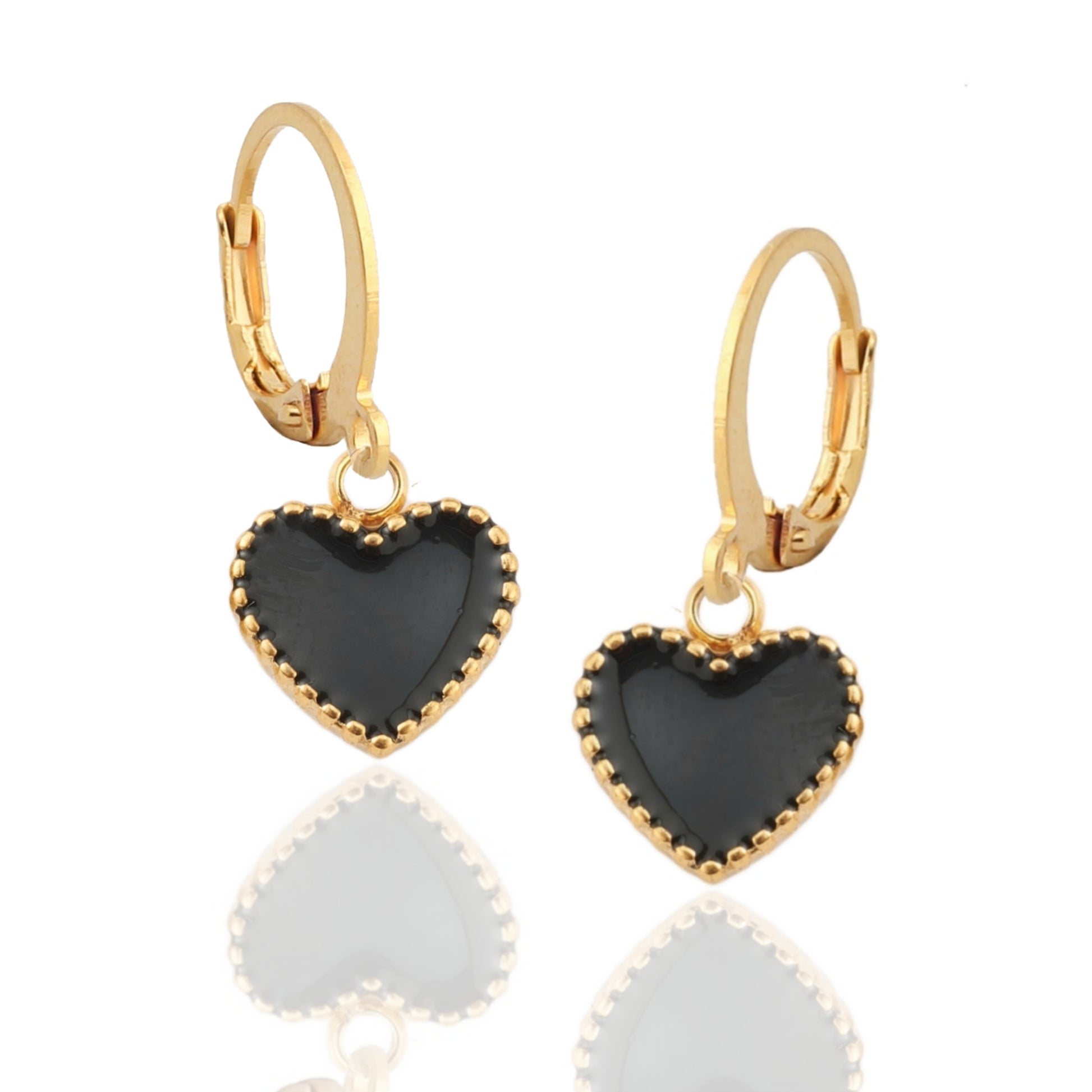 Black Enamel Heart Surgical Steel Earrings - HK Jewels