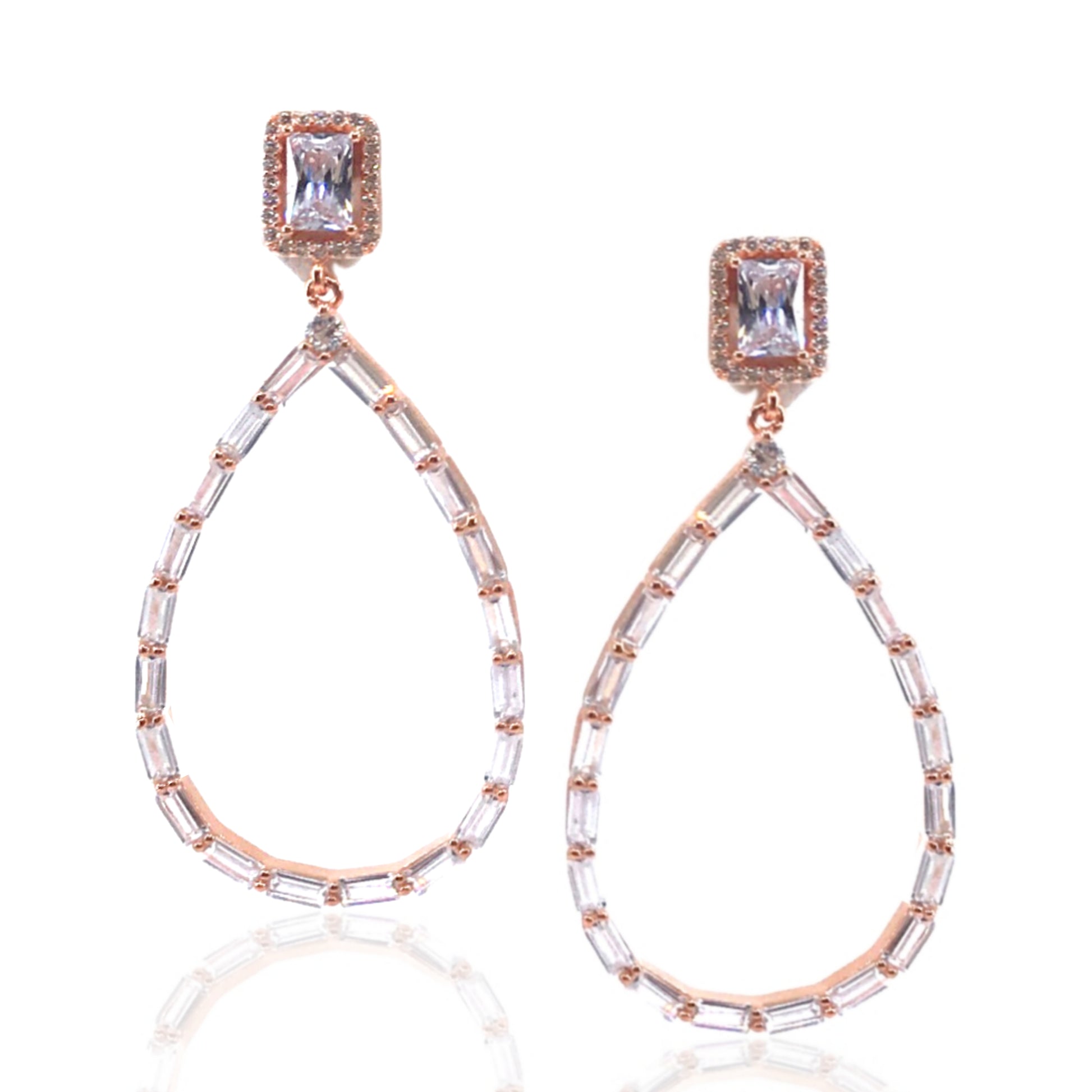 Rose Gold / Gold / Rhodium Plated Sterling Silver Baguette Teardrop Earrings - HK Jewels