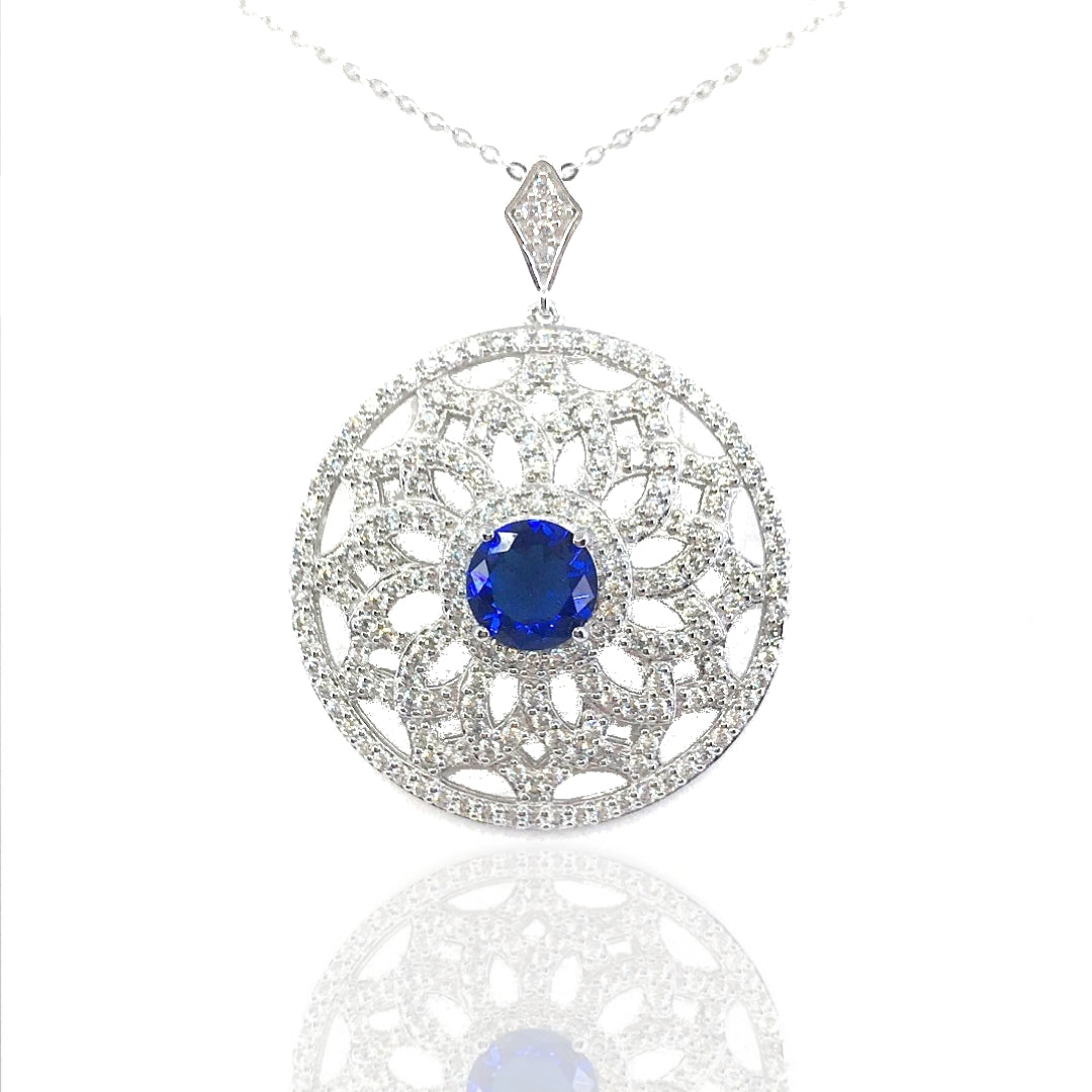 Sterling Silver Circle Pendant with Blue Stone - HK Jewels