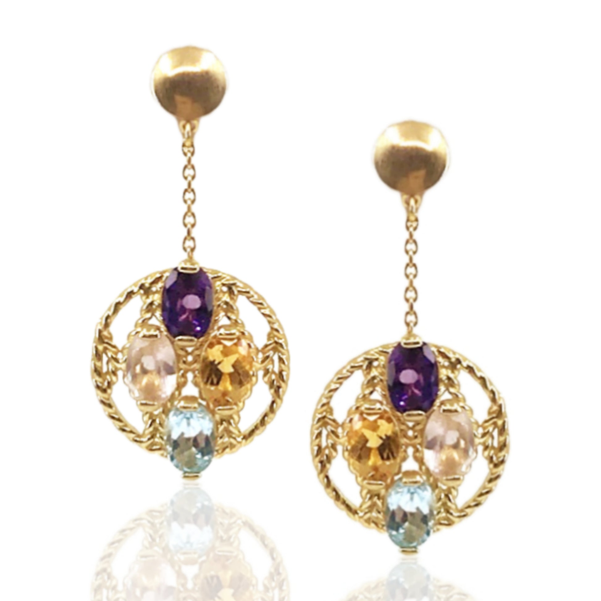 14K Gold Circle With Semi Precious Stones Earrings - HK Jewels