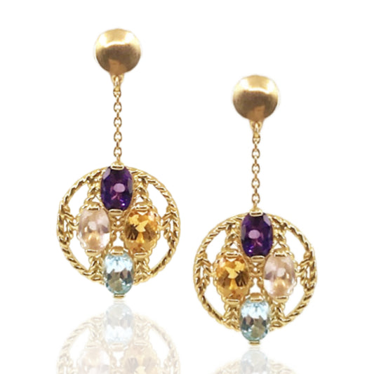 14K Gold Circle With Semi Precious Stones Earrings - HK Jewels