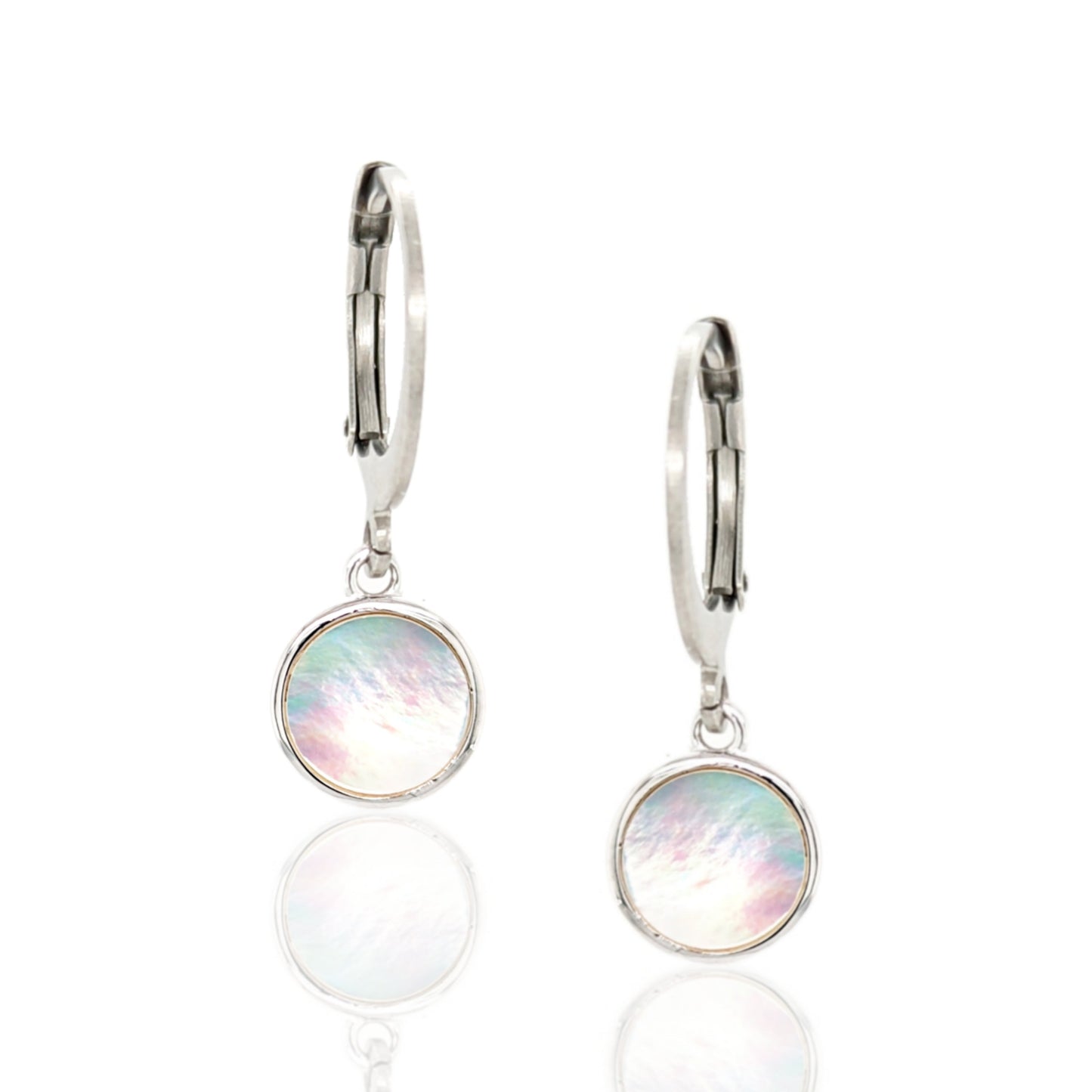 Surgical Steel with Sterling Silver Mother of Pearl Circles Leverback Earrings - HK Jewels