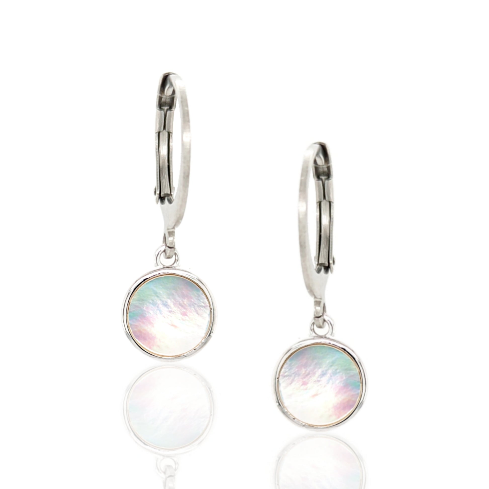 Surgical Steel with Sterling Silver Mother of Pearl Circles Leverback Earrings - HK Jewels