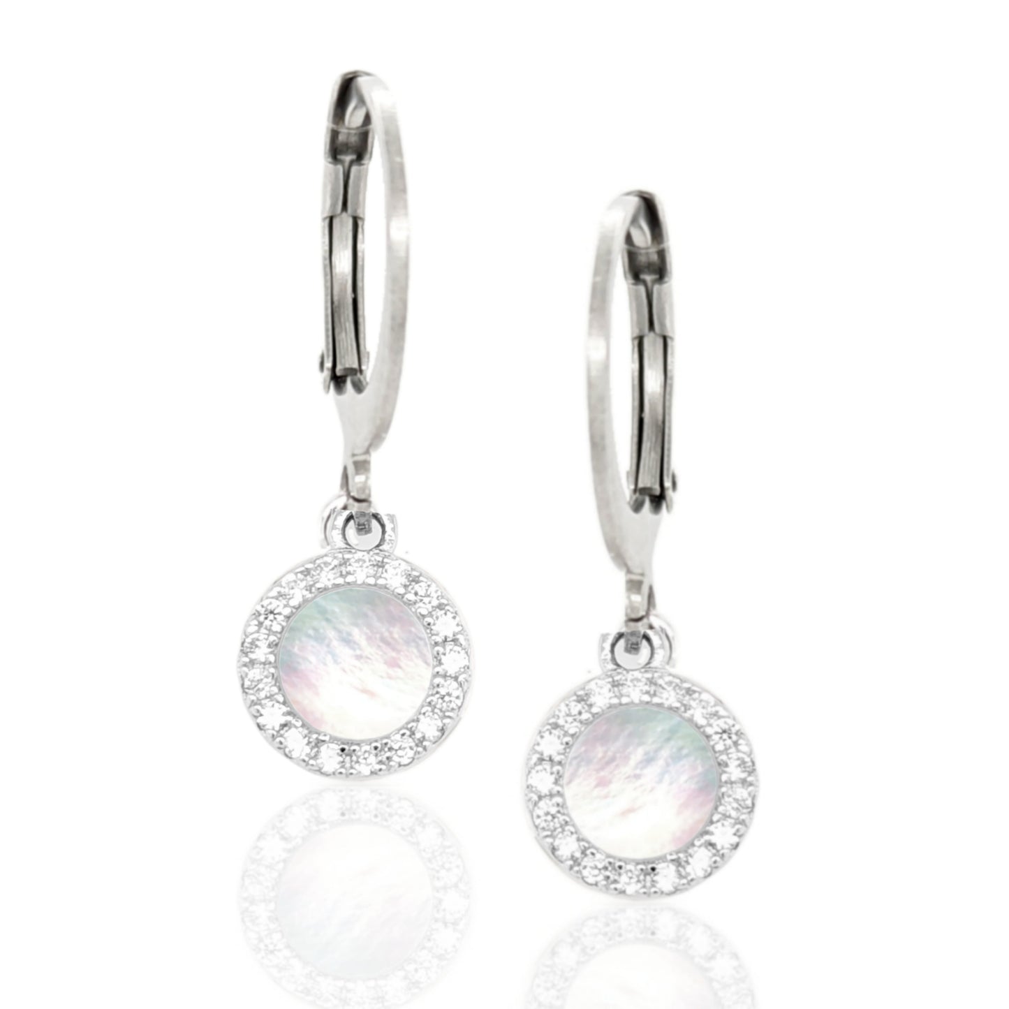 Surgical Steel with Sterling Silver Mother of Pearl Circles Leverback Earrings - HK Jewels