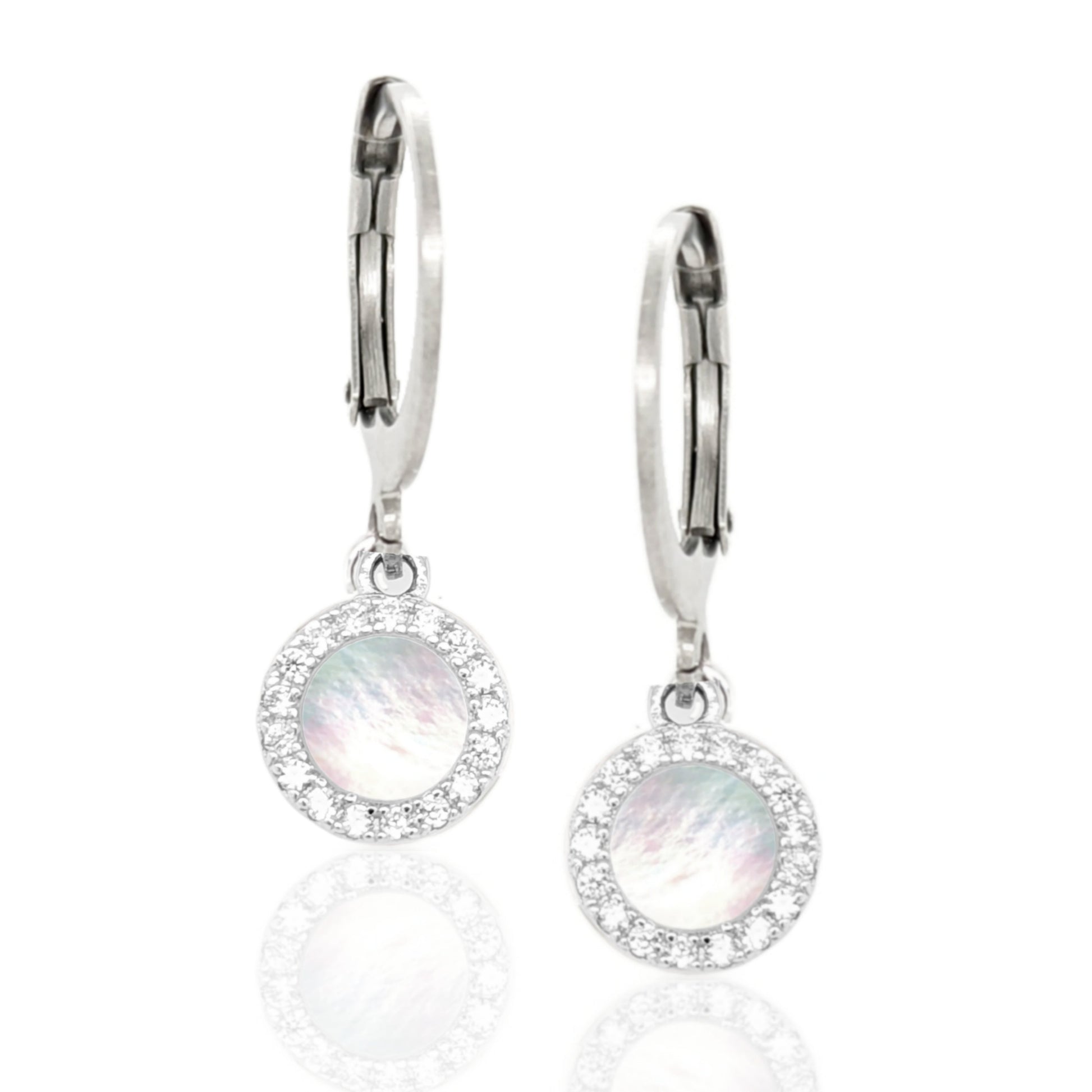 Surgical Steel with Sterling Silver Mother of Pearl Circles Leverback Earrings - HK Jewels