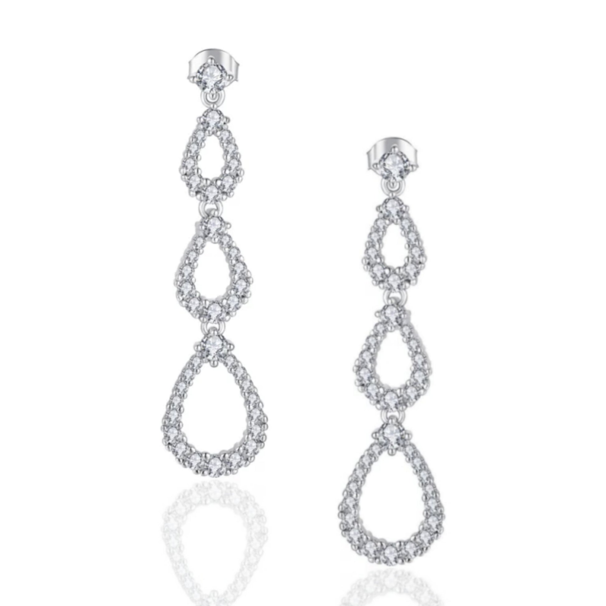 Sterling Silver Micropave Three Teardrop Earring - HK Jewels