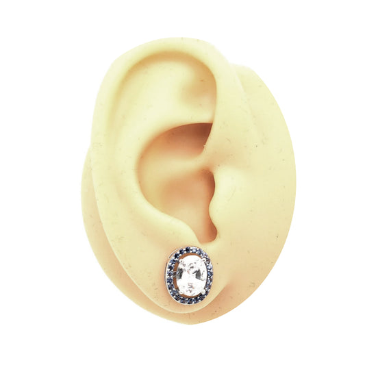 Sterling Silver Blue CZ Halo with Center Clear CZ Stud Earring - HK Jewels