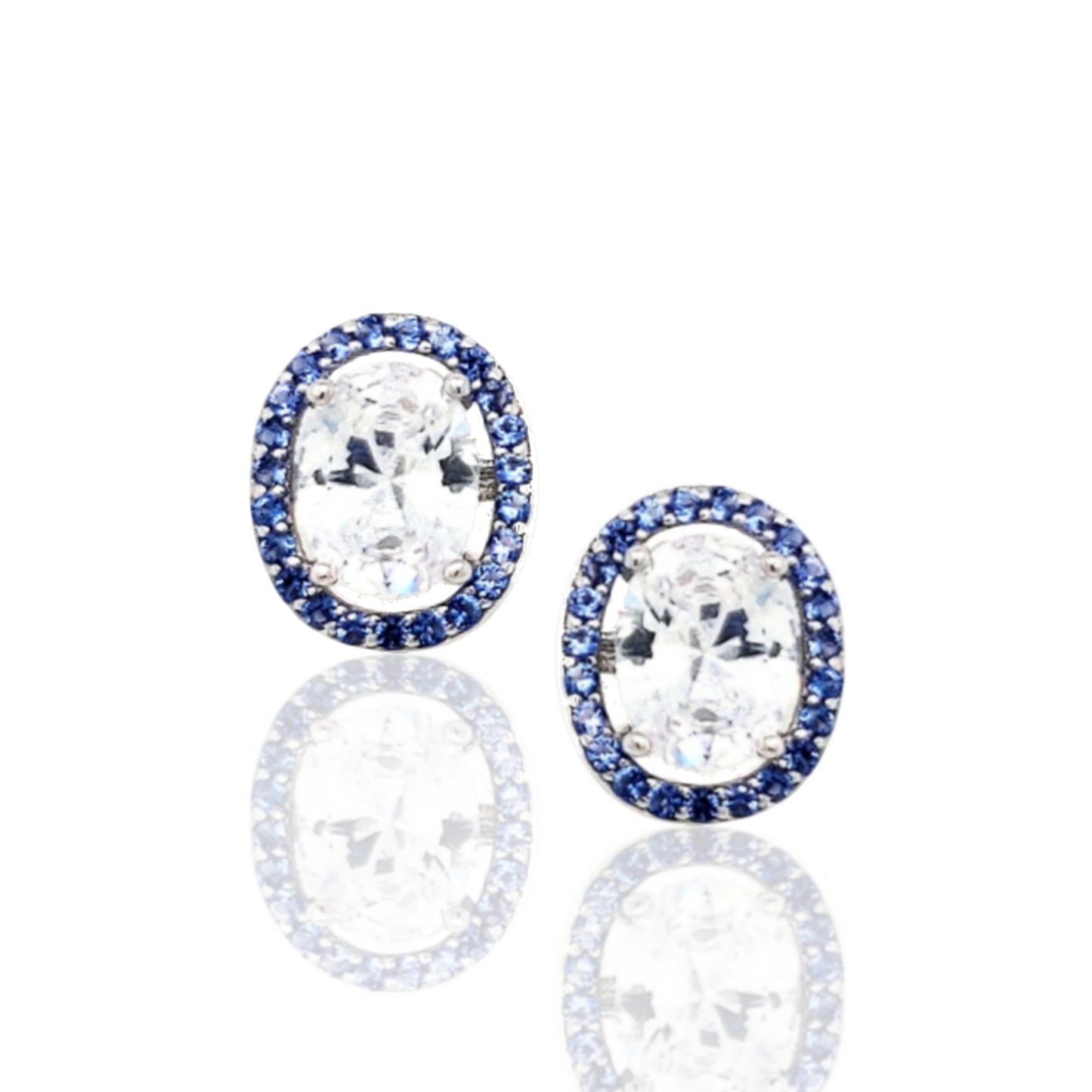 Sterling Silver Blue CZ Halo with Center Clear CZ Stud Earring - HK Jewels