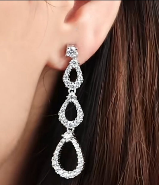 Sterling Silver Micropave Three Teardrop Earring - HK Jewels